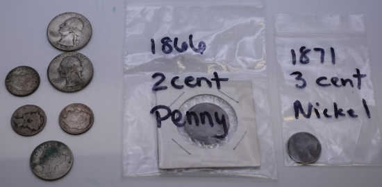 PRE 1964 SILVER COINS DIMES QUARTERS NUMISMATICS, WITH RARE 1871 3 CENT NICKEL, 1866 2 CENT PENNY