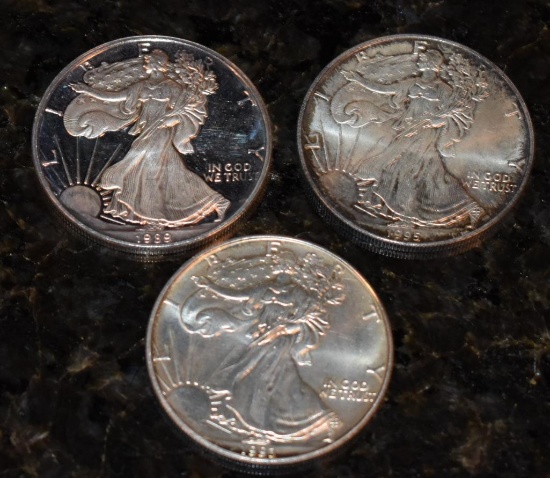 LOT OF 3) 1989, 1993 AND 1995 WALKING LIBERTY COMMEMORATIVE SILVER COINS .999 SILVER NUMISMATICS