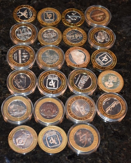 RARE COLLECTION OF LIMITED EDITION 10 DOLLAR SILVER GAMING TOKENS AS SHOWN, .999 SILVER