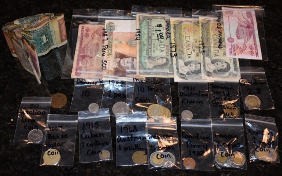 WORLDWIDE CURRENCY AND COIN LOT AS SHOWN, ALL FOR ONE MONEY NUMISMATICS