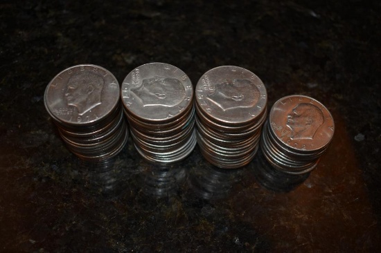 HUGE LOT OF 65 EISENHOWER IKE SILVER DOLLARS, 1970S VINTAGE NUMISMATIC COINS