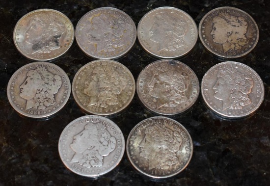QUANTITY 10 MORGAN SILVER DOLLARS, 90% SILVER COIN NUMISMATIC