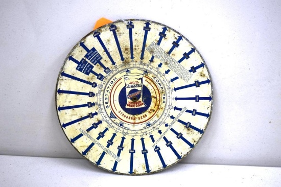 VINTAGE STANDARD'S MULTI-PERFECTED HYBRID SEED CORN GESTATION COMPUTER, TIN SIGN