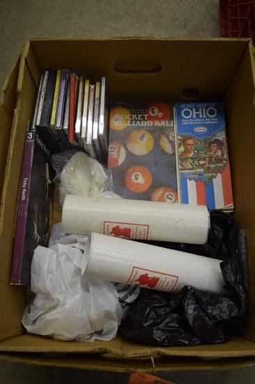 BOX WITH VINTAGE BILLIARD BALLS, 2 BADGER SPRING ROUND UP COLLECTORS COCA-COLA BOTTLES, CD'S