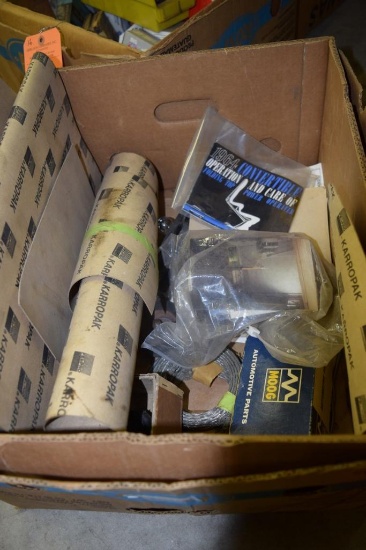 BOX OF MISC ITEMS: GM 1964 PAMPHLET CONVERTIBLE TOP OPERATION & CORP, MISC GASKET MATERIAL, ETC.