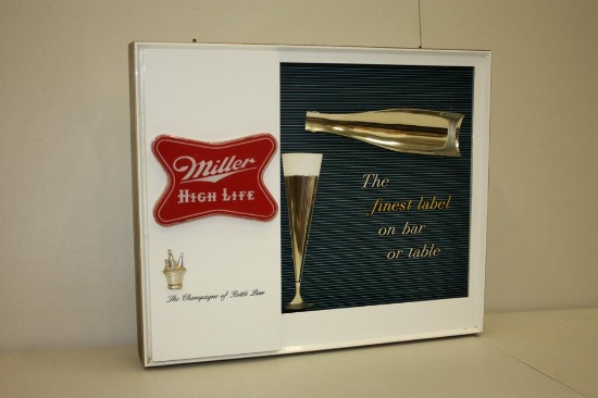 VINTAGE MILLER HIGH LIFE BEER SIGN. "THE FINEST LABEL ON BAR OR TABLE" 17" X 20"