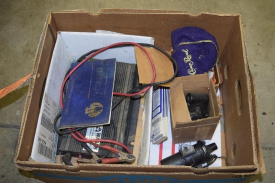BOX OF MISC VINTAGE AUTOMOTIVE PARTS, 1964 CHRYSLER IMPERIAL OPERATION INSTRUCTION BOOK