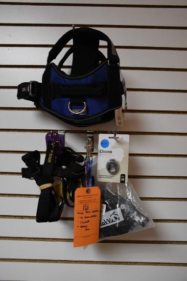 MISC. DOG GEAR; MEDIUM HARNESSES, CLICKER, LEADS, ETC.