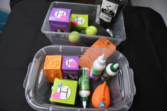 (2) BINS WITH DOG ITEMS; CALM SHEN, EAR POWDER, ETC.