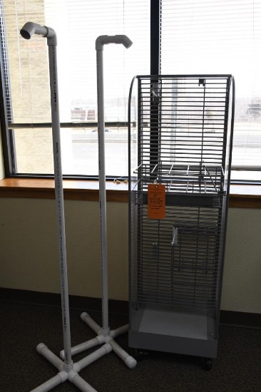 ROLLING WIRE GRATE DISPLAY UNIT, 18" x 15" x 57"H AND (2) PVC MADE COAT RACKS