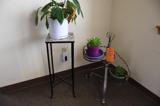 (2) PLANT STANDS WITH ASSORTED PLANTS