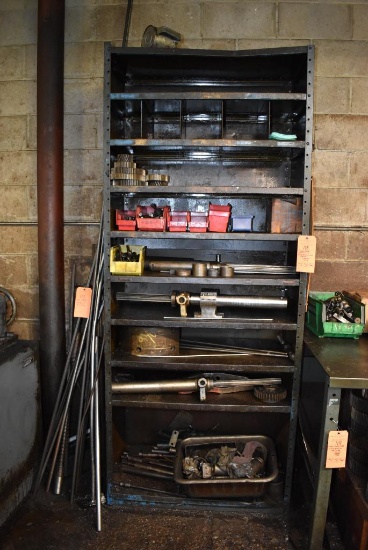 NINE SHELF METAL SHELVING UNIT WITH CONTENTS; TOOLING AND PARTS, 88"H x 36"W x 18" DEEP