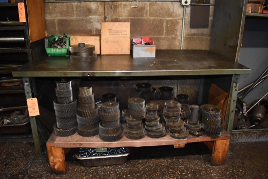 METAL WORK TABLE WITH CONTENTS ON AND UNDER - TOOLING, GEARS AND PARTS, 36"H x 72"W x 36" DEEP