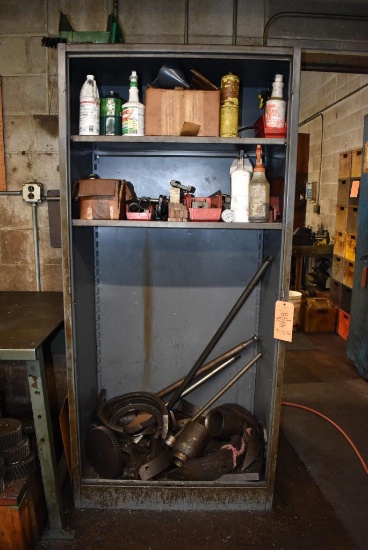 THREE SHELF METAL CABINET WITH CONTENTS; PARTS, TOOLING AND MISC., 78"H x 36"W x 24" DEEP