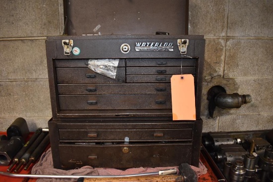 WATERLOO 9 DRAWER METAL MACHINIST'S BENCH TOP TOOL BOX WITH CONTENTS; TOOLS, TOOLING, NO KEYS