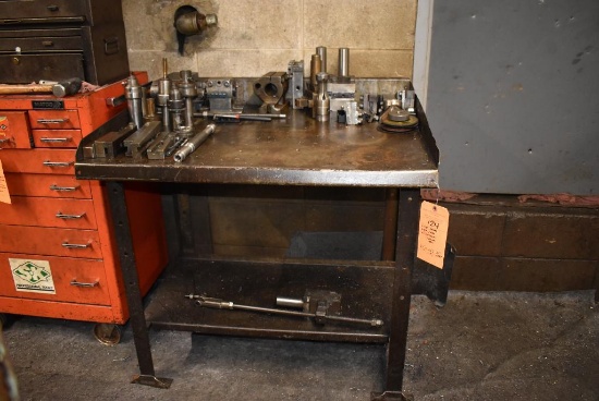 TWO TIER METAL WORK TABLE WITH CONTENTS; TOOLING AND PARTS, 37"H x 36"W x 31" DEEP