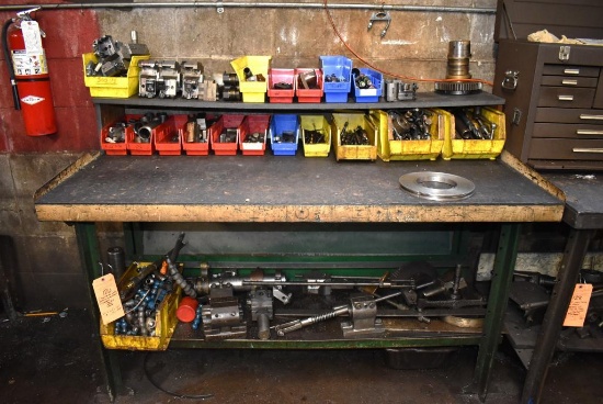 TWO TIER METAL WORKBENCH WITH WOOD SHELF, INCLUDES CONTENT; DRILL BITS, PARTS, TOOLING, 43"H x 60"W
