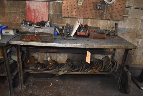 TWO TIER METAL WORKBENCH WITH CONTENTS; TOOLING, PARTS, TOOLS, 34"H x 72"W x 28" DEEP