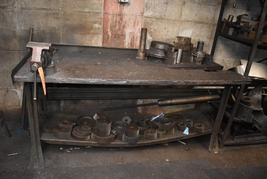 TWO TIER WOOD AND METAL WORKBENCH WITH WILTON 5" BENCH VISE - INCLUDES CONTENTS, MOSTLY GEARS,