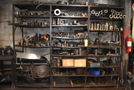 METAL SHELVING UNIT WITH 21 SHELVES WITH CONTENTS; COLLETS, GEARS, MISC. TOOLING, PARTS,