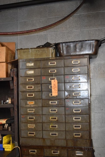 30 DRAWER METAL PARTS ORGANIZER WITH CONTENTS AND BINS ON TOP; COLLETS & MISC. TOOLING, 37"H x 30"W