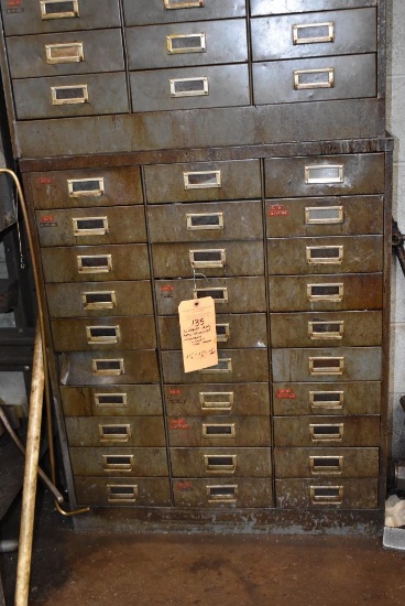 30 DRAWER METAL PARTS ORGANIZER WITH CONTENTS; COLLETS & MISC. TOOLING, 37"H x 30"W x 12" DEEP