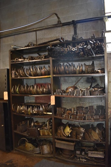 TWO CONNECTED SIX TIER METAL SHELVING UNITS WITH CONTENTS; MACHINE PARTS, GEARS, RODS & MISC.,