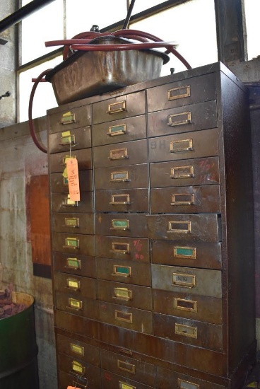 30 DRAWER METAL PARTS ORGANIZER WITH CONTENTS; COLLETS & MISC. TOOLING, 37"H x 30"W x 12" DEEP