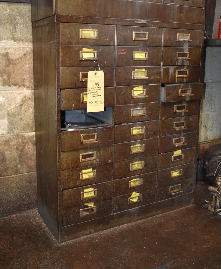 30 DRAWER METAL PARTS ORGANIZER WITH CONTENTS; COLLETS & MISC. TOOLING, 37"H x 30"W x 12" DEEP