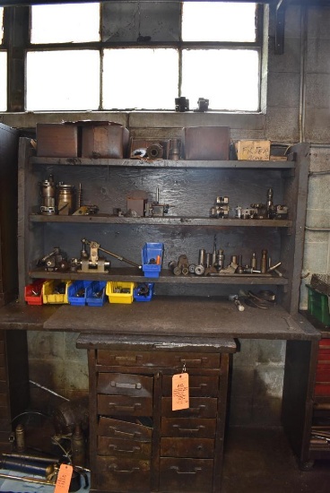 11 COMPARTMENT METAL PARTS CABINET WITH WOOD SHELVING UNIT WITH CONTENTS; MACHINE PARTS, TOOLING,