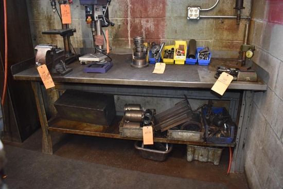 2 TIER METAL WORKBENCH WITH CONTENTS ON BOTTOM SHELF, INCLUDES 5" BENCH VISE, 36"H x 73"W x 30" D...