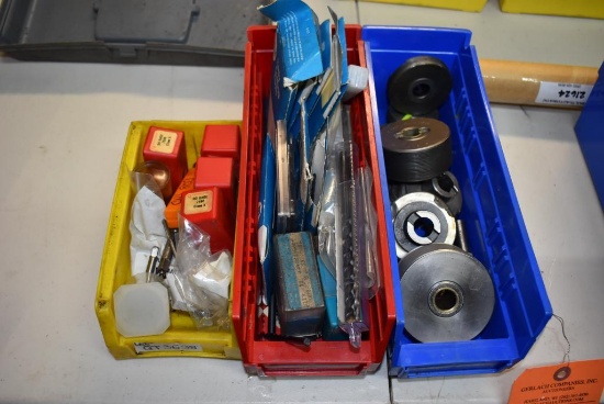 (3) BINS WITH CUTTING TOOLS, THREAD CUTTING DIES, GO NO/GO GAUGES, ETC.