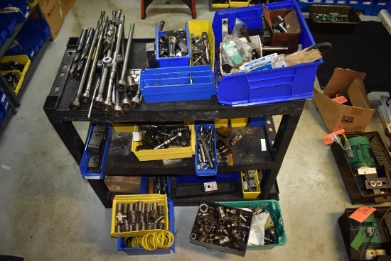 THREE TIER PLASTIC SHELVING UNIT WITH CONTENTS & BINS ON FLOOR; TOOLING, TOOLS AND MISC.