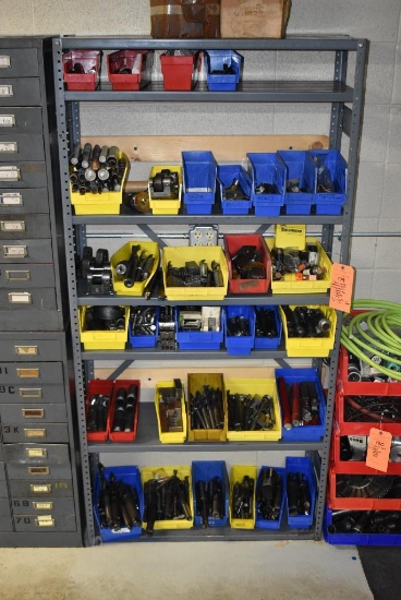 METAL SHELVING UNIT WITH SEVEN SHELVES WITH CONTENTS; PLASTIC BINS, PARTS, TOOLING & MISC.,