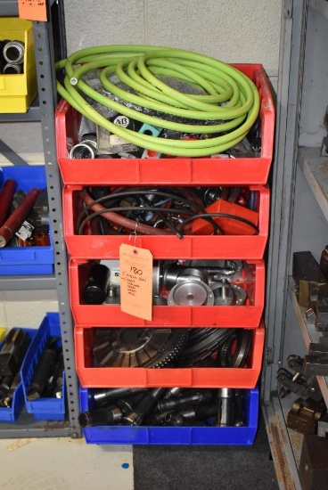 (5) PLASTIC BINS WITH PARTS, TOOLING, HOSES, GEARS AND MISC.