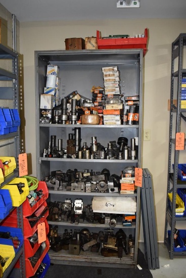 METAL SHELVING UNIT WITH FIVE SHELVES WITH CONTENTS; TOOLING, PARTS, ROLLER BEARINGS, AND MISC.,