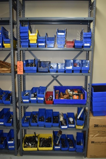 METAL SHELVING WITH SEVEN SHELVES WITH CONTENTS; TOOLING, PLASTIC BINS, PARTS AND MISC.,