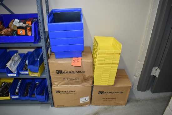 (16) BLUE PLASTIC BINS AND (12) YELLOW BINS