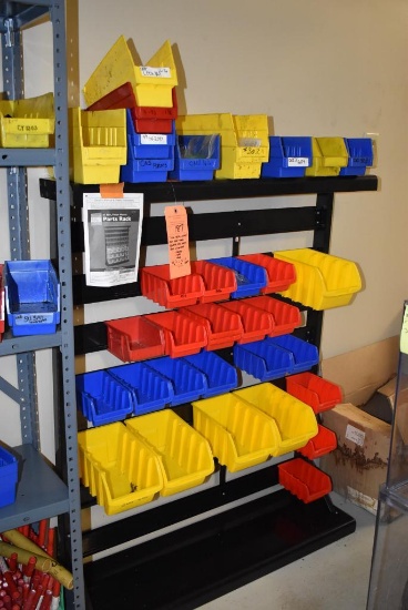 METAL SHELVING UNIT WITH SEVEN SHELVES WITH CONTENTS; BINS WITH TOOLING, PARTS AND BINS,