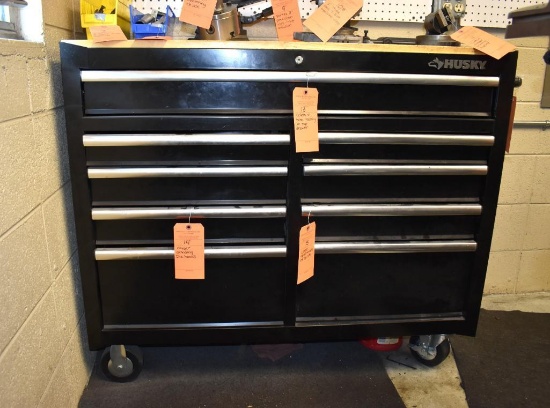HUSKY NINE DRAWER TOOLBOX WITH WOOD TOP, **NO CONTENTS**, 46"W x 18"D x 39"H