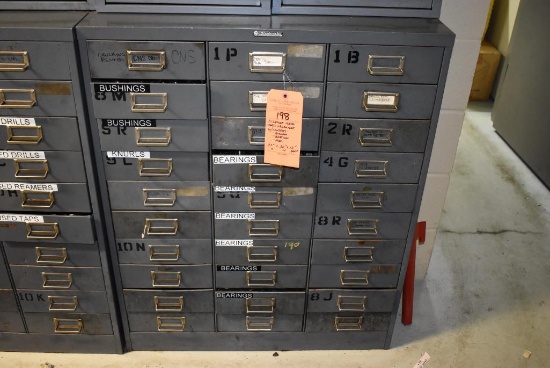 30 DRAWER METAL PARTS ORGANIZER WITH CONTENTS; BUSHING, BEARINGS, & MISC., 30"W x 12"D x 37"H