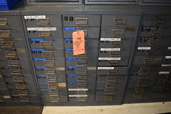 30 DRAWER METAL PARTS ORGANIZER WITH CONTENTS; REAMERS, TAPS, DRILL BITS, MISC. 37"H x 30"W x 12"D