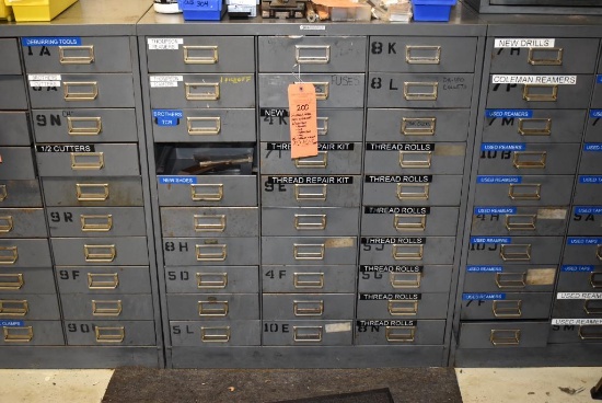 30 DRAWER METAL PARTS ORGANIZER WITH CONTENTS; REAMERS, TAPS, THREAD ROLLS, 37"H x 30"W x 12" DEEP
