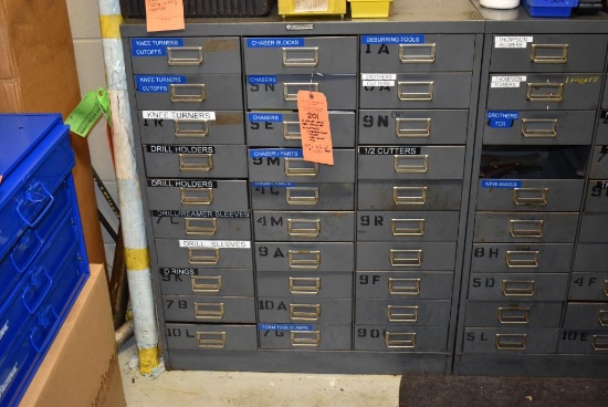 30 DRAWER METAL PARTS ORGANIZER WITH CONTENTS; DEBURRING TOOLS, CHASERS, MISC., 37"H x 30"W x 12" D