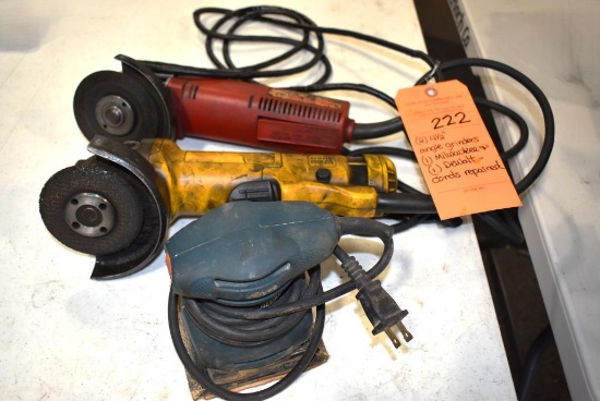(2) 4 1/2" ANGLE GRINDERS - (1) MILWAUKEE AND (1) DEWALT, CORDS REPAIRED