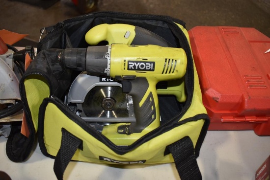 RYOBI 18V 3/8" VSR DRILL P209, 18V 5 1/2" CIRCULAR SAW P501G WITH CASE, 1 BATTERY, *NO CHARGER*