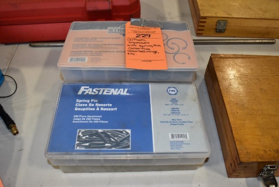 (5) PLASTIC ORGANIZERS WITH SPRING PINS, COTTER PINS, ASSORTED RINGS, ETC.