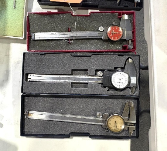 (3) ASSORTED 6" DIAL CALIPERS, STARRETT WITH CASE, MITUTOYO WITH CASE AND SMI