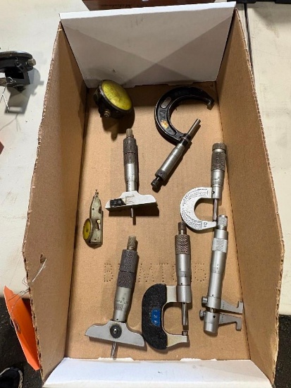 BIN OF ASSORTED MICROMETERS, DEPTH GAUGES, ETC.