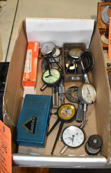 BIN OF ASSORTED CALIPERS AND MICROMETERS AND PIN GAUGES
